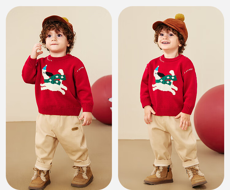 Minibala Kids Baby Sweater 2025 Winter Pure Cotton Lining Cute Animal Pattern Red Christmas Sweater 3