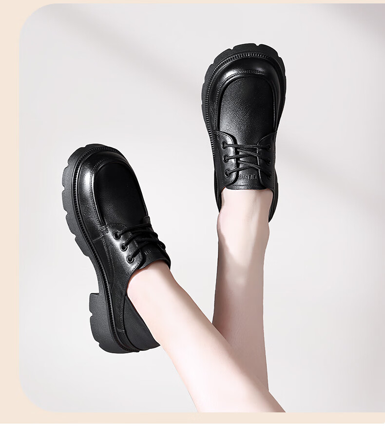 Qiangren Women's Shoes, Top-Grain Leather, Breathable Thick-Soled Flats, Comfortable Wide-Fit Leather Shoes, Loafers, JDA73272, Black, Size 37 13