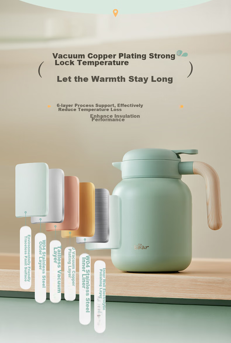 Bear Insulated Bottle with Seamless Inner Liner, 316L Stainless Steel, Household Thermos for Hot Water, Large Capacity, Hot Water Bottle, 2L, Beige 4