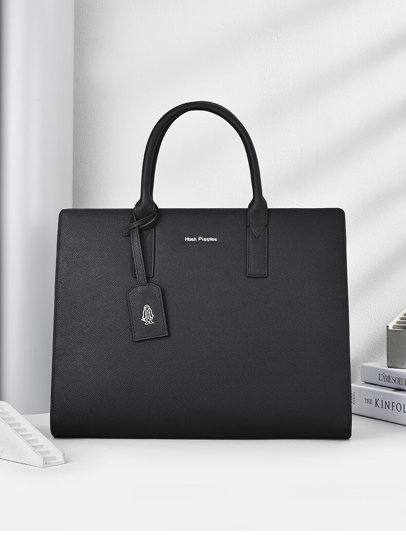 Hush Puppies Top-Grain Leather Briefcase, Trendy Fashion Men's Bag, Casual Business Bag, Horizontal Handbag, Black, Qixi Gift 1