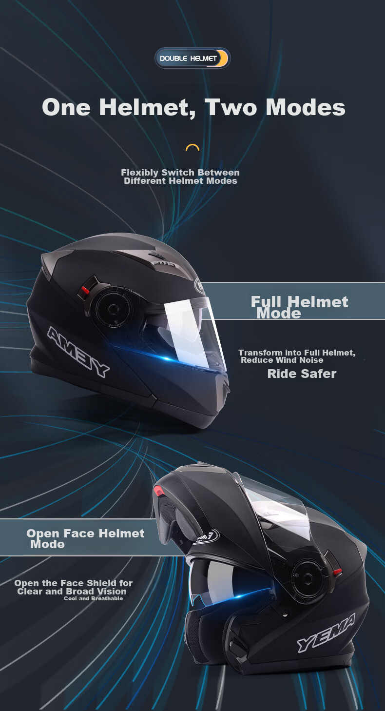 YEMA Motorcycle Helmet for Men, 3C Certified Flip-Up Helmet, Winter Dual-Lens Full-Face Motorcycle Helmet, All-Season Universal Fit, XL Size, Matte Black 3