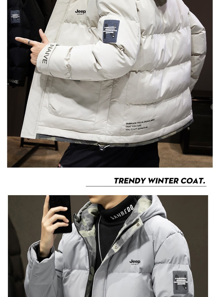 JEEP SPIRIT Men's Cotton Padded Jacket Autumn Winter Thick Warm Hooded Sports Coat Black 2XL 9