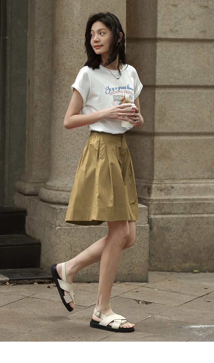 Dme [Comfortable Casual Wide-Leg Shorts] Summer Single-Button Half-Elastic Wide-Leg Pants Knee-Length Shorts for Wome 17