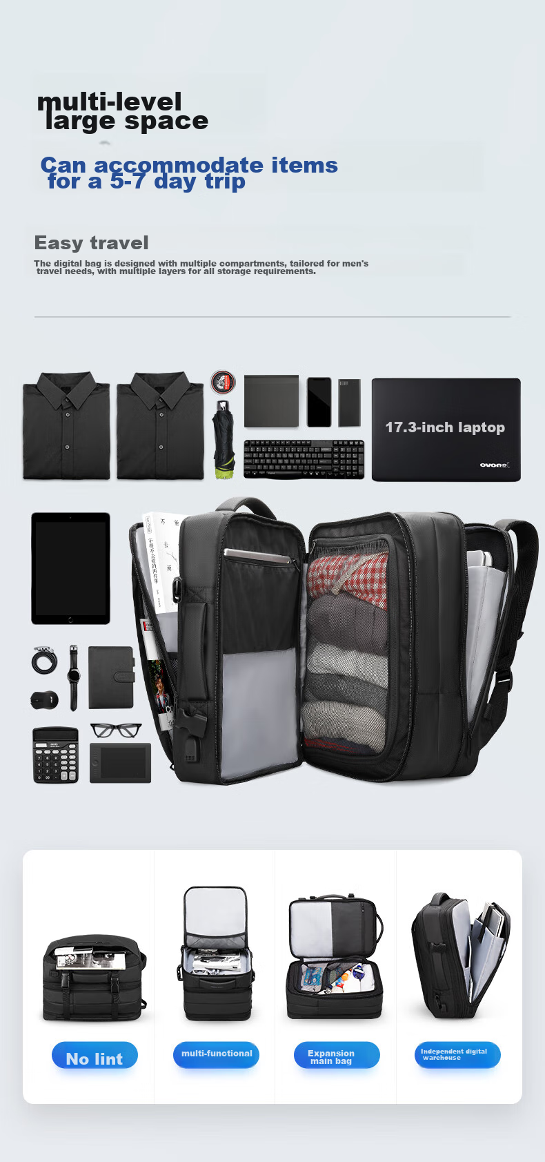 MARK RYDEN Backpack, Double Shoulder Bag, Large Capacity Travel Laptop Bag, Notebook 17.3-Inch Business Bag, Expandable Capacity, Gift-Giving 5
