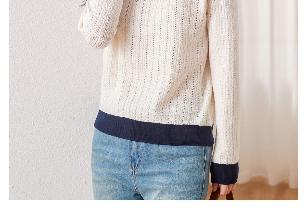 Chushen Spring And Autumn Knitted Sweater for Women, Fashionable Color-Block Round Neck Pullover Versatile Sweater Top S13KZ3554 White 14