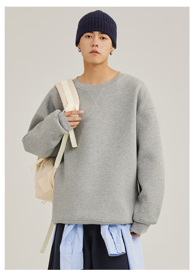 JEANSWEST LIFE Men's Hoodless Sweatshirt, Loose-Fitting Base Layer Jacket for Spring And Autumn, Triangular Design, Heavyweight Round Neck Top for Me 13