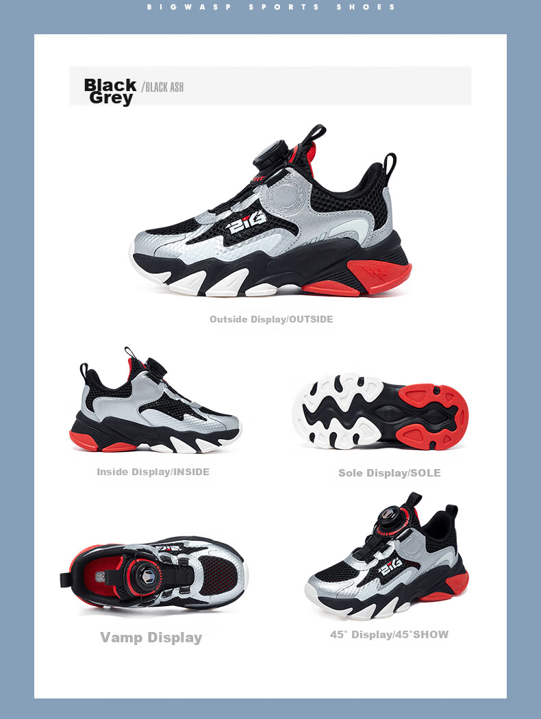 BIG WASP Children's Shoes, Boys' Sneakers, Summer New Style Mesh Rotating Buckle Breathable Running Shoes for Older Kids, Casual Footwear 8