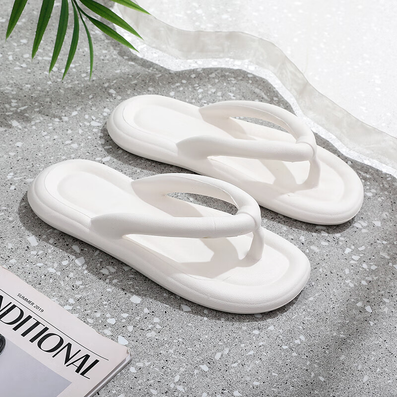 GUOLUOFEI Summer Squishy EVA Flip-Flops for Men, Beach Flat Sandals, Non-Slip Bathroom Slippers for Women, White, Size 42-43