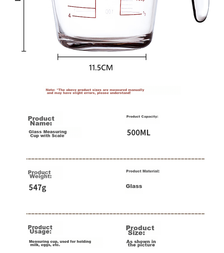 BJ Measuring Cup, Food-Grade Glass Measuring Cup, 500ML, Graduated Cup, Egg Liquid Filter Measuring Cup, Baking Strainer Measuring Cup, Milk Cup 18