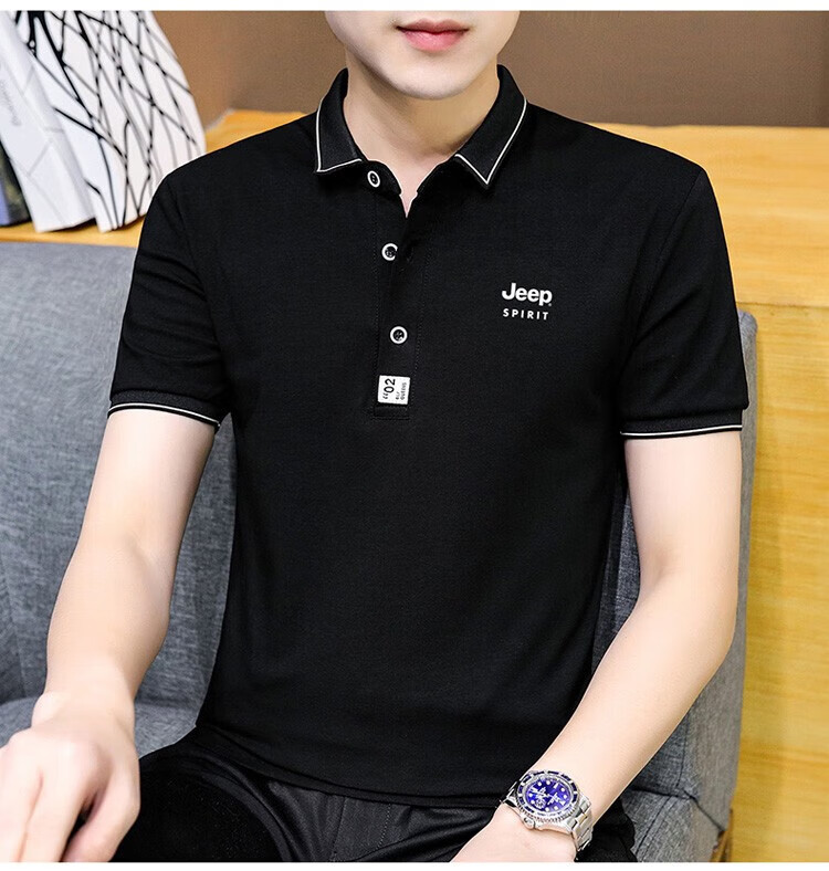 JEEP SPIRIT Men's Short-Sleeve T-Shirt, Summer POLO Shirt, Business Casual, Turn-Down Collar, Breathable, Slim Fit, Black, Size L 18