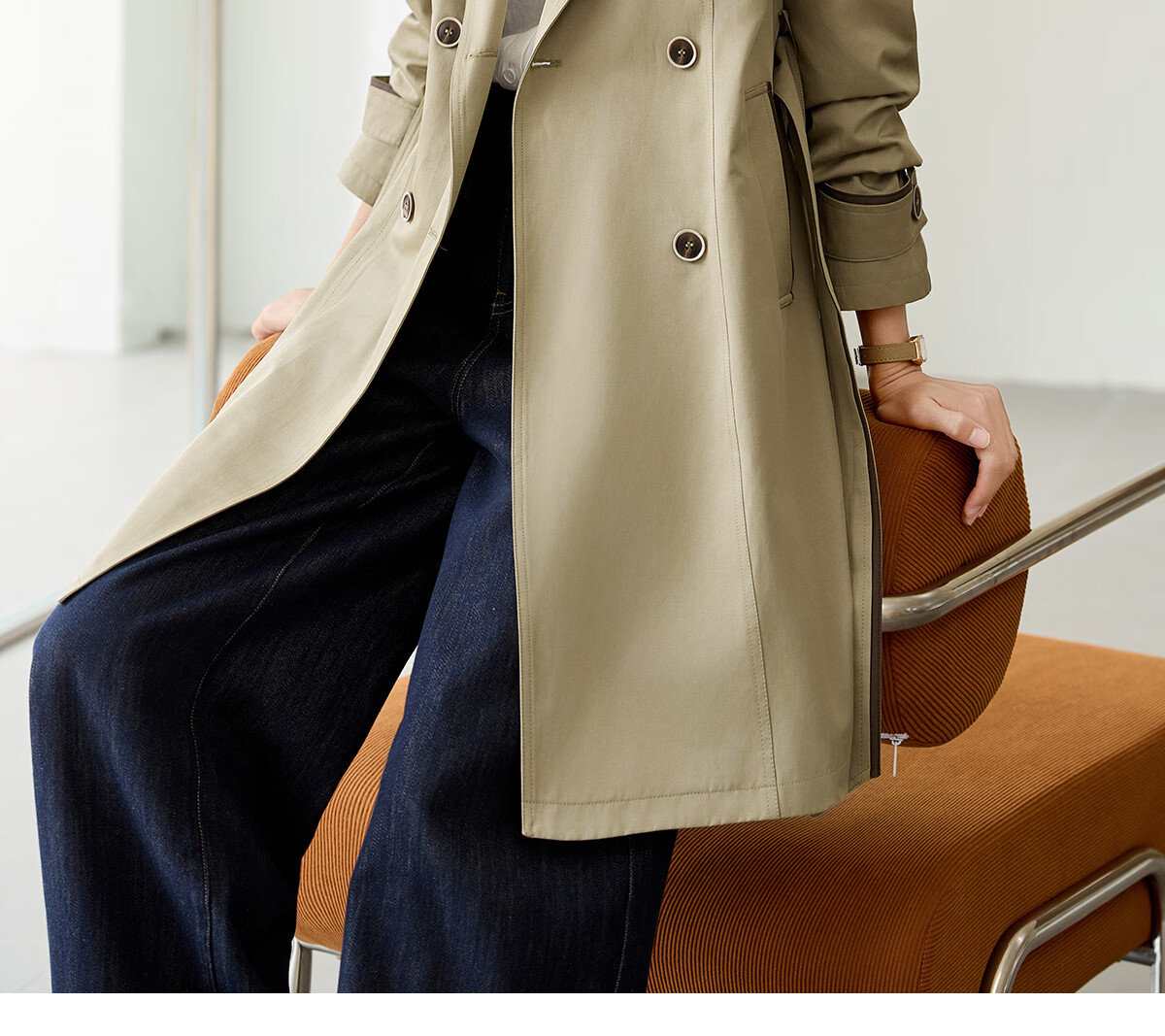 Chushen Spring And Autumn Double-Breasted Windbreaker for Women, Mid-Length, Elegant Classic H-Type Waist-Cinching Slimming Coat S51D003 1
