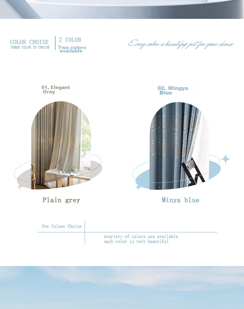 Ali Living Room Bedroom Blackout Curtains, Bamboo Cotton Jacquard Blue Hook Style, 2.0m Wide * 2.2m High Single Panel 10