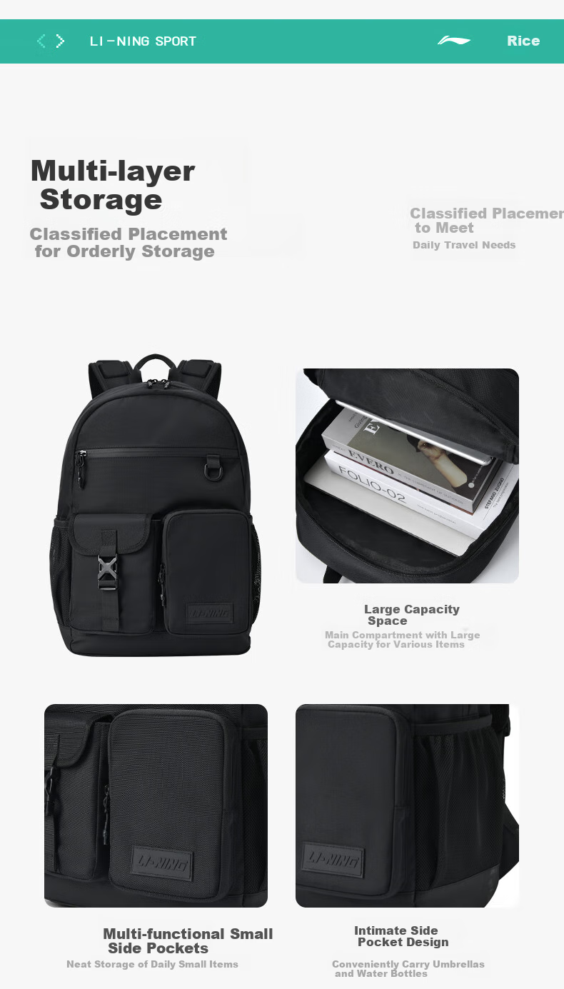 Li-Ning Table Tennis Backpack, Casual Outdoor Bag for Men And Women, Student Schoolbag, Laptop Bag, Lightweight Multifunctional Sports Bag 5