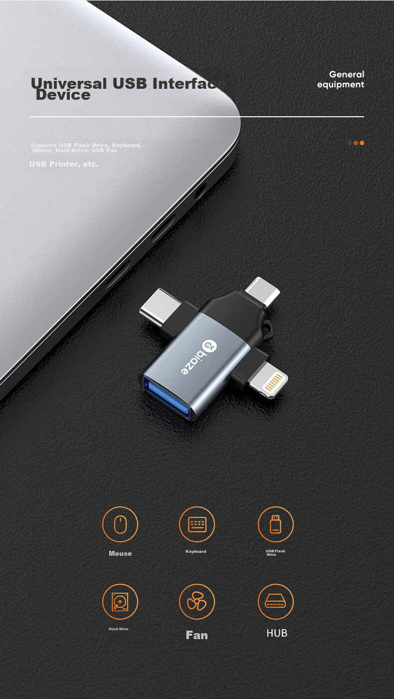 BIAZE OTG Adapter, Three-In Card Reader for Apple/Type-C/Android Phones, External USB Drive Converter Compatible with IPhone 16, for Connecting Cameras And Keyboards/Mice, P39 7