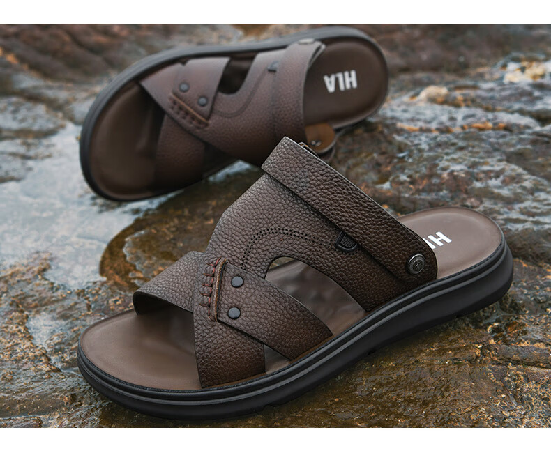 HLA Men's Slip-On Sandals, Top-Grain Leather Breathable Beach Shoes for Men, T031 Brown Size 40 13