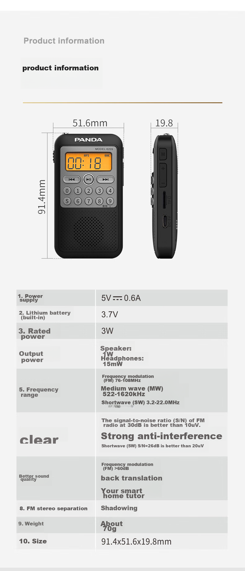 Panda 6209 Mini Radio, Full Band Portable, Card-Insertable, Elderly Gift, Rechargeable Semiconductor Stereo Broadcast 11