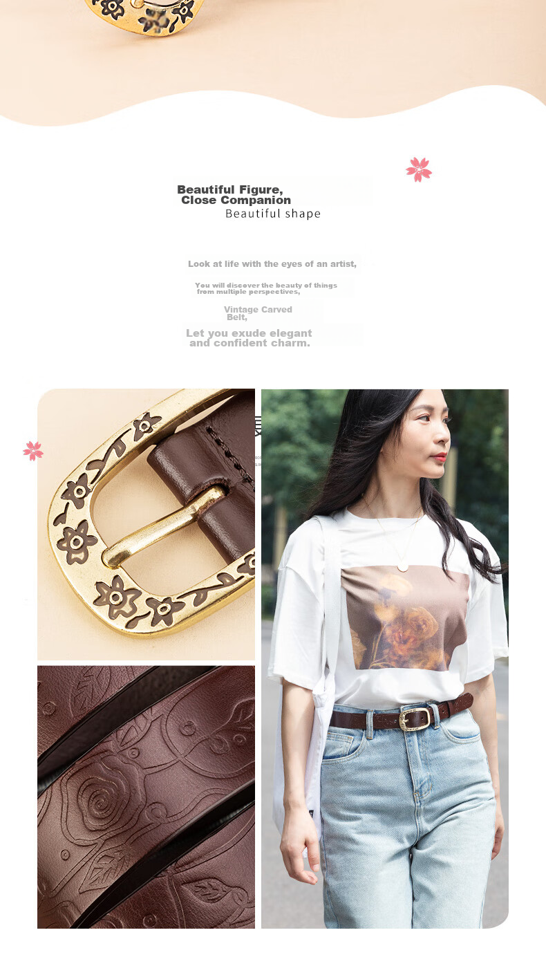 Cattlesboss Women's Leather Belt, Vintage Carved Buckle, Versatile Waistband, 5333 Dark Brown, 105cm 2