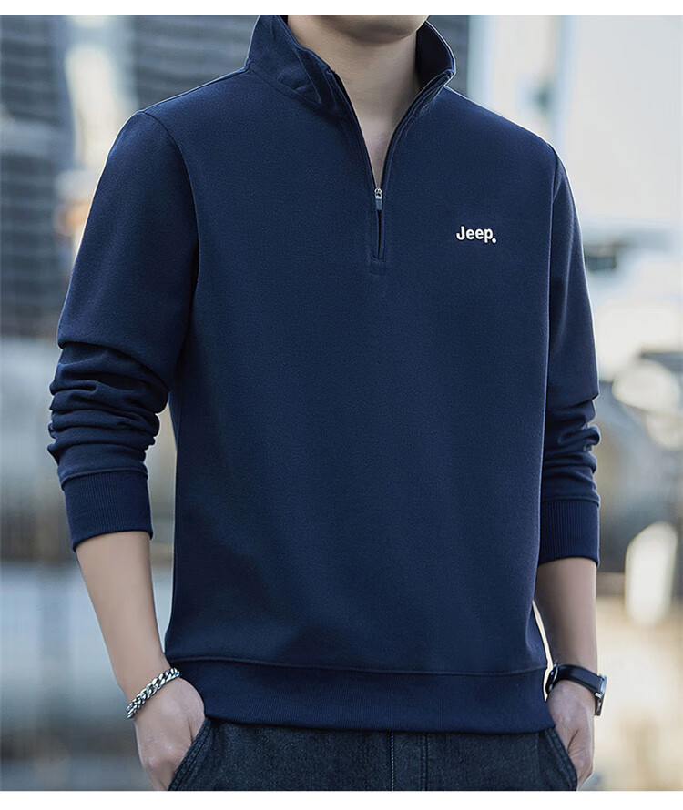 JEEP Men's Sweatshirt Spring Autumn Loose Stand Collar Long Sleeve T-Shirt Heavyweight Trendy Clothing Black L 12