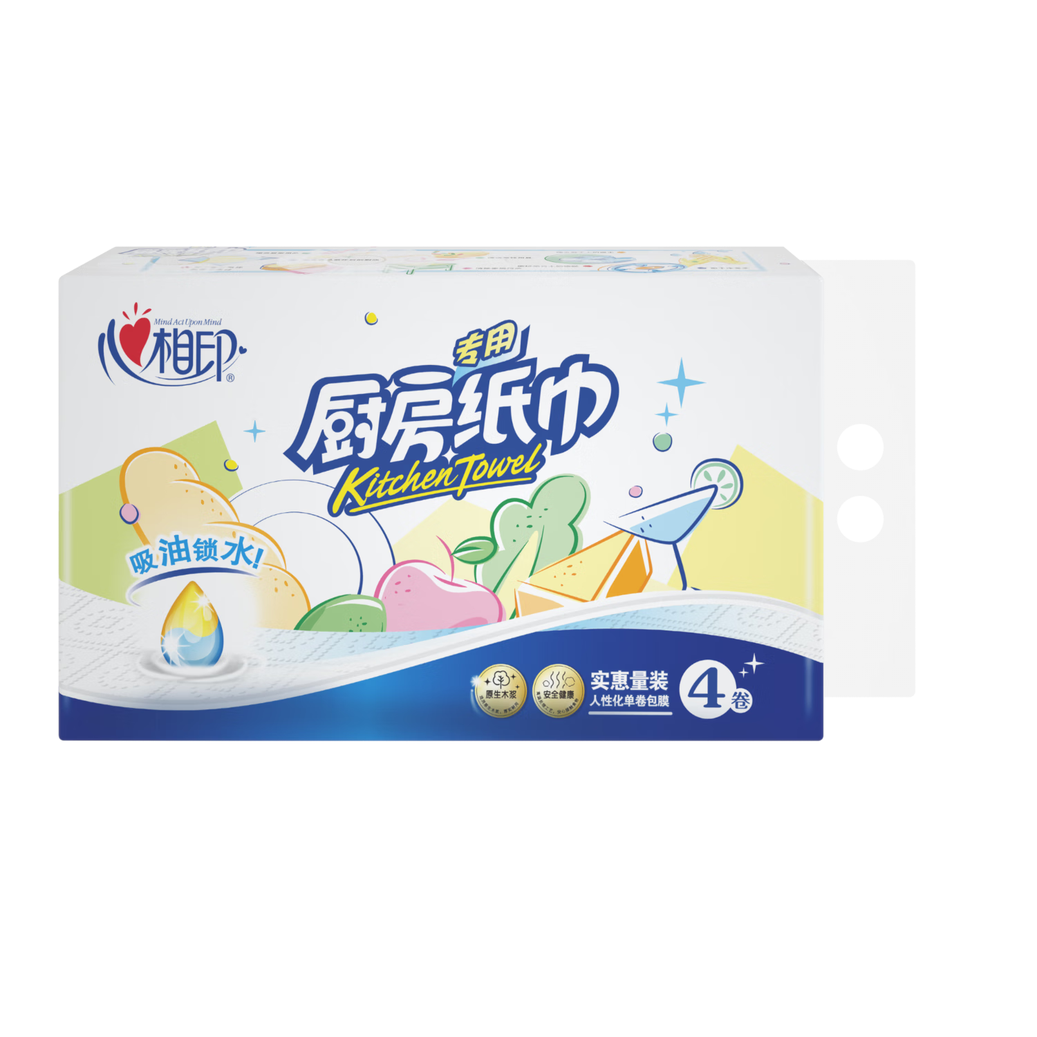 Mind Act Upon Mind Kitchen Paper Towels, 60 Sheets * 4 Rolls, Extra Large And Thick, Oil-Absorbing And Water-Locking, Food-Grade Contact