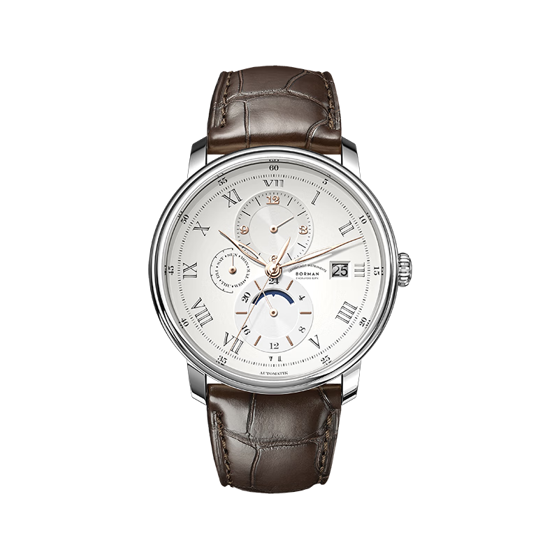 BORMAN Bauhaus Men's Mechanical Watch, Fully Automatic, Water-Resistant 3801, Rose Gold Dial, White Face with Brown Leather Strap