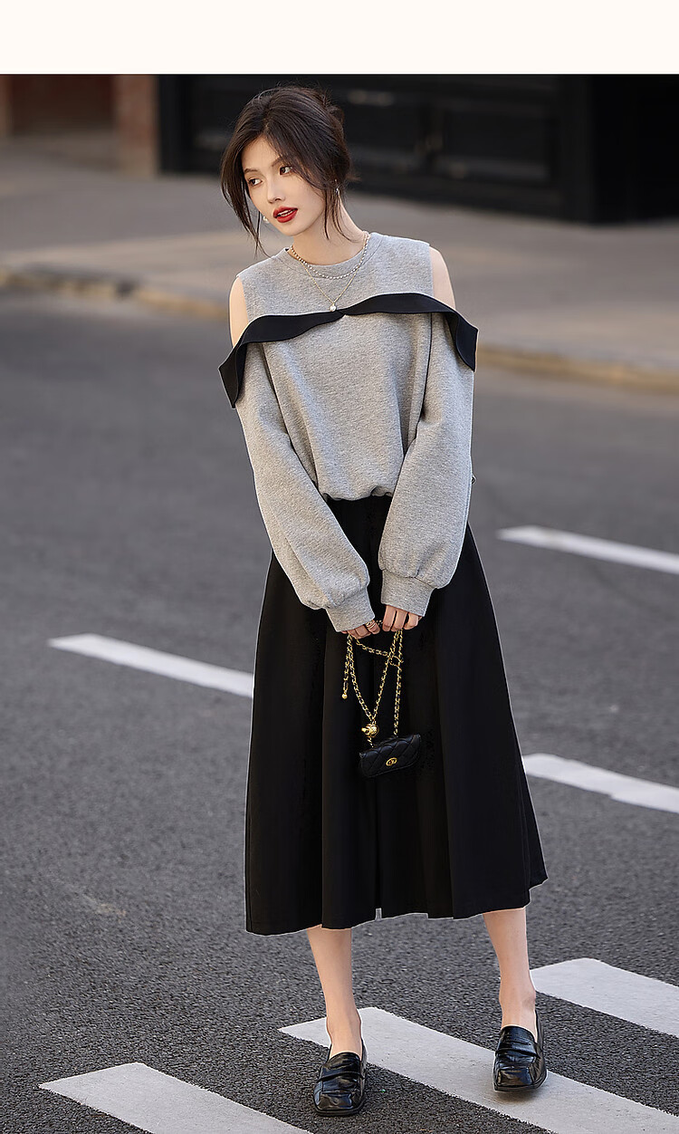 Dme [Designer Private Label] Spring And Autumn Round Neck Ruffle Contrasting Color Off-Shoulder Pique Air Layer Sweatshirt Women's Top 12