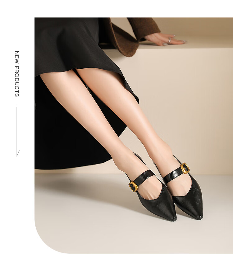 Josiny French Pointed Toe Single-Strap Mary Jane Shoes for Women, New Spring And Autumn 2026 Style Leather Shoes, Retro Chunky Heel Pumps, Black, Size 35 6