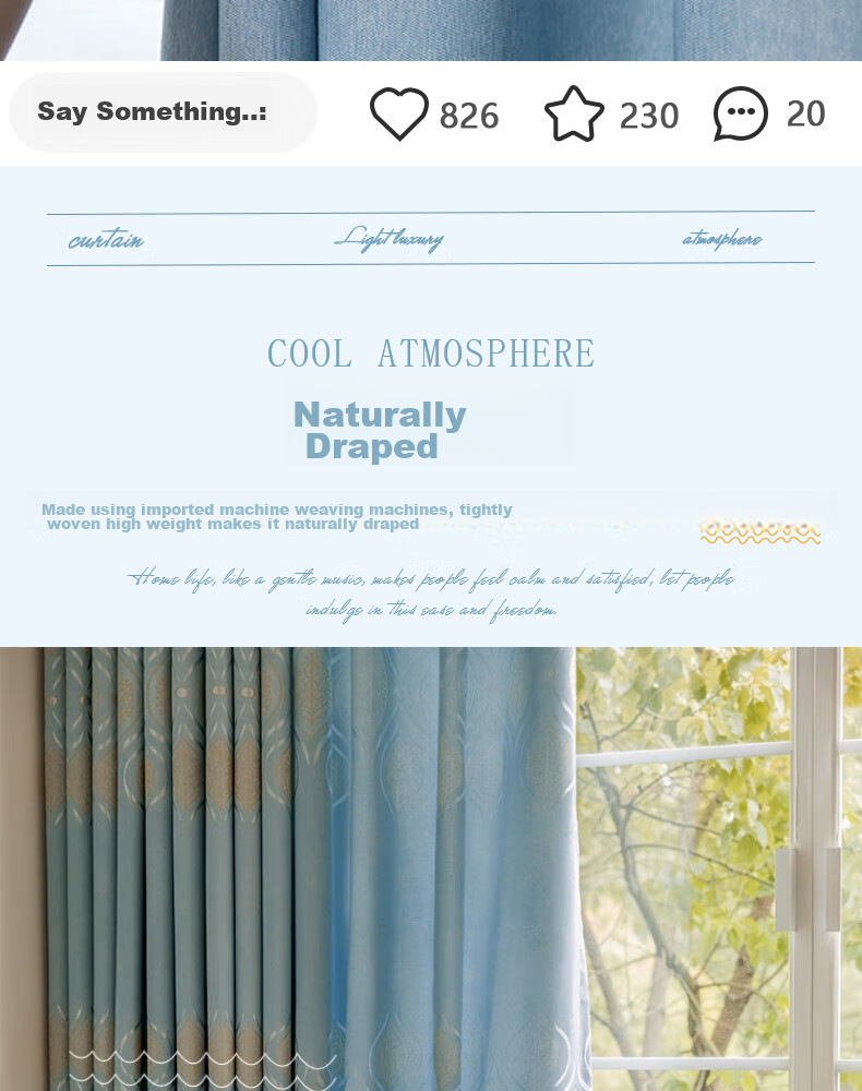 Ali Living Room Bedroom Blackout Curtains, Bamboo Cotton Jacquard Blue Hook Style, 2.0m Wide * 2.2m High Single Panel 5