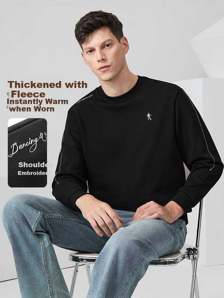 DANCING WOLVES [Fleece-Lined Thickened] Autumn And Winter Plain Line Design Trendy Versatile Round Neck Thick Sweatshirt for Men, 001 Black, Size 180 1