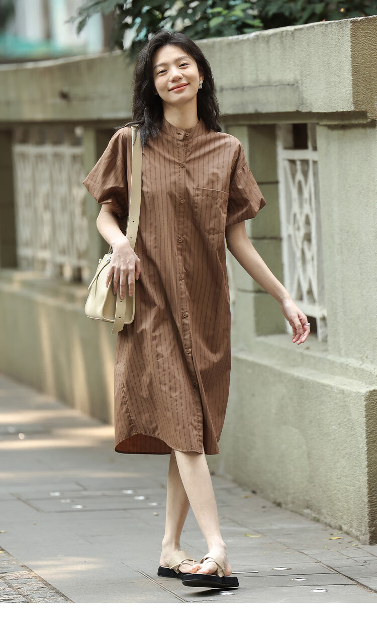 Dme Stand-Collar Striped Commuter Shirt Dress, Summer Puff Sleeve Striped Fabric Short-Sleeve Dress, Coffee Color, M 8