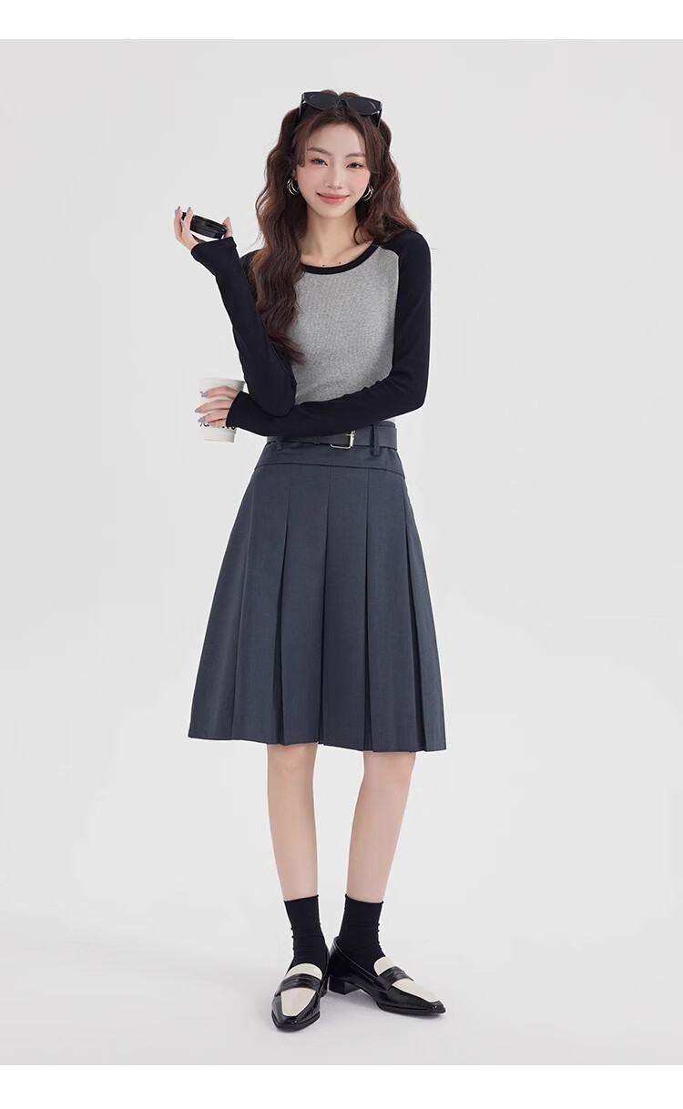 NOME Color Block Spliced Long Sleeve T-Shirt for Women, Autumn New Style Design Inner Layer Raglan Sleeve Top, Gray, L 13