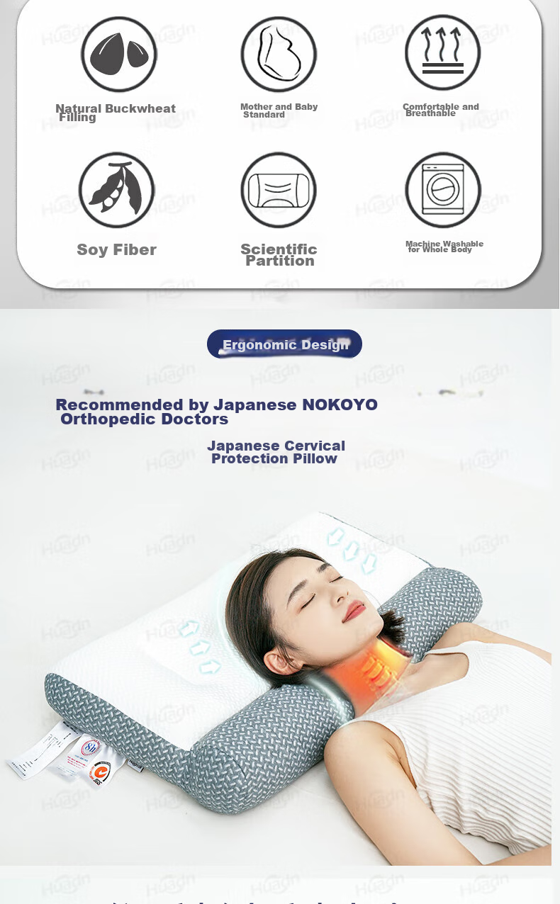 Huadn Buckwheat Pillow, Cervical Pillow, Neck Support Pillow, Cervical Spondylosis Deep Sleep Specialized Single Adult Summer Pillow, Summer Pillow Core 2