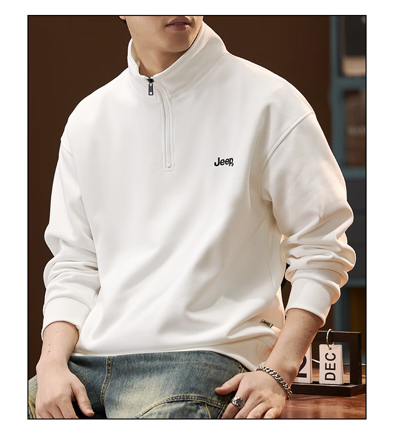 JEEP American-Style Sweatshirt for Men, Spring Trendy Semi-Turtleneck Zip-Up Top, Loose Casual Long-Sleeve T-Shirt for Men's Clothing 2