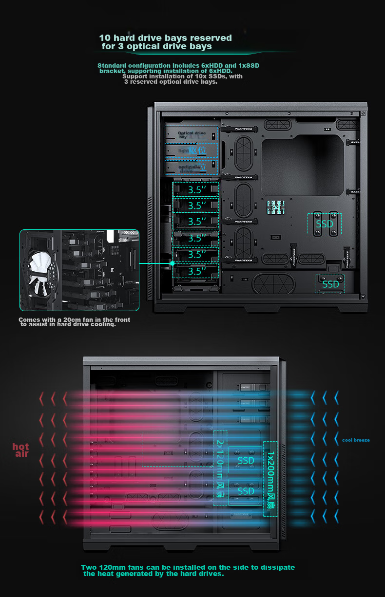 PHANTEKS 614PC Full Tower Desktop Server E-ATX Computer Case (Supporting SSI-EEB Motherboard/5090 Graphics Card/8x PCI Slots/NAS Multi-Hard Drive Bays) 6
