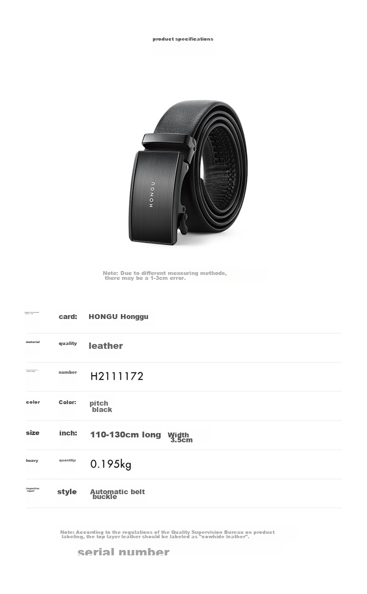HONGU Men's Belt, Top-Grain Leather, Automatic Buckle, Waist Belt, Gift Box Packaging, 115cm, Birthday Present 5