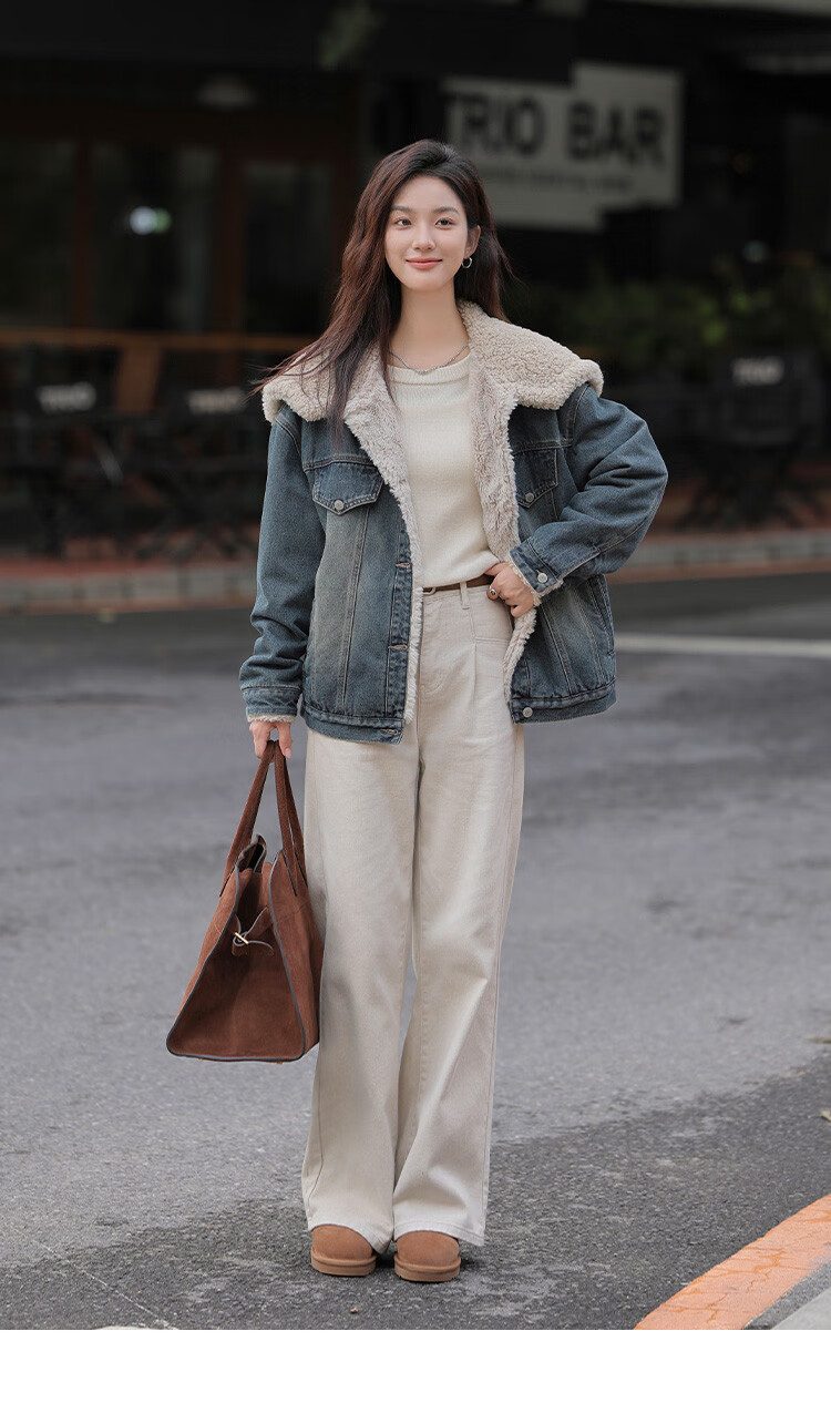 DME Fashion Vintage Large Lapel Winter Denim Composite Faux Lamb Wool Jacket for Women Dark Denim Blue S 7
