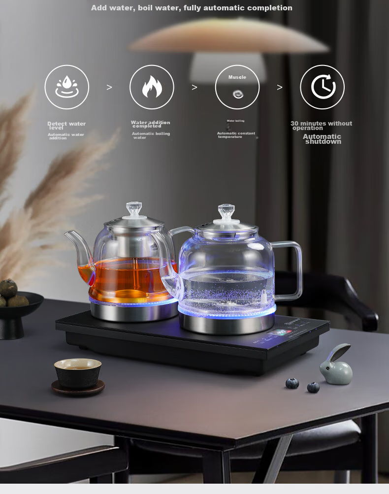 Biooner Fully Automatic Bottom Double Water Inlet Electric Kettle, Glass Water Boiler for Home And Office Use, Integrated Tea Table And Countertop, Built-In Electric Tea Stove, Tea Set Package, Light Luxury Silver Three-I 6