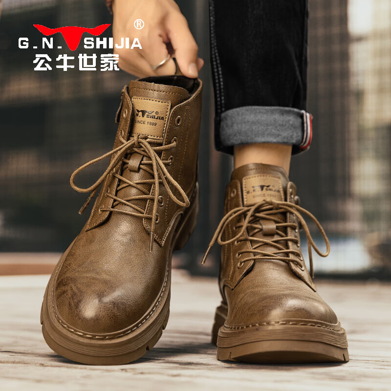 Bull Family [Zhang Ruoyun Same Style] Men's Genuine Leather Martin Boots 2026 Autumn Winter New High-top British Style Work Boots for Men