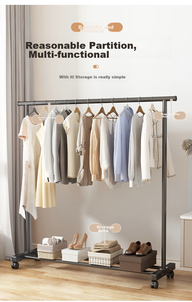 Milin Single Rod Hanger, Dormitory Coat Rack, Indoor Clothes Hanger, Floor-Standing Hanger, Bedroom Drying Rack, Black Single Rod 120CM 2
