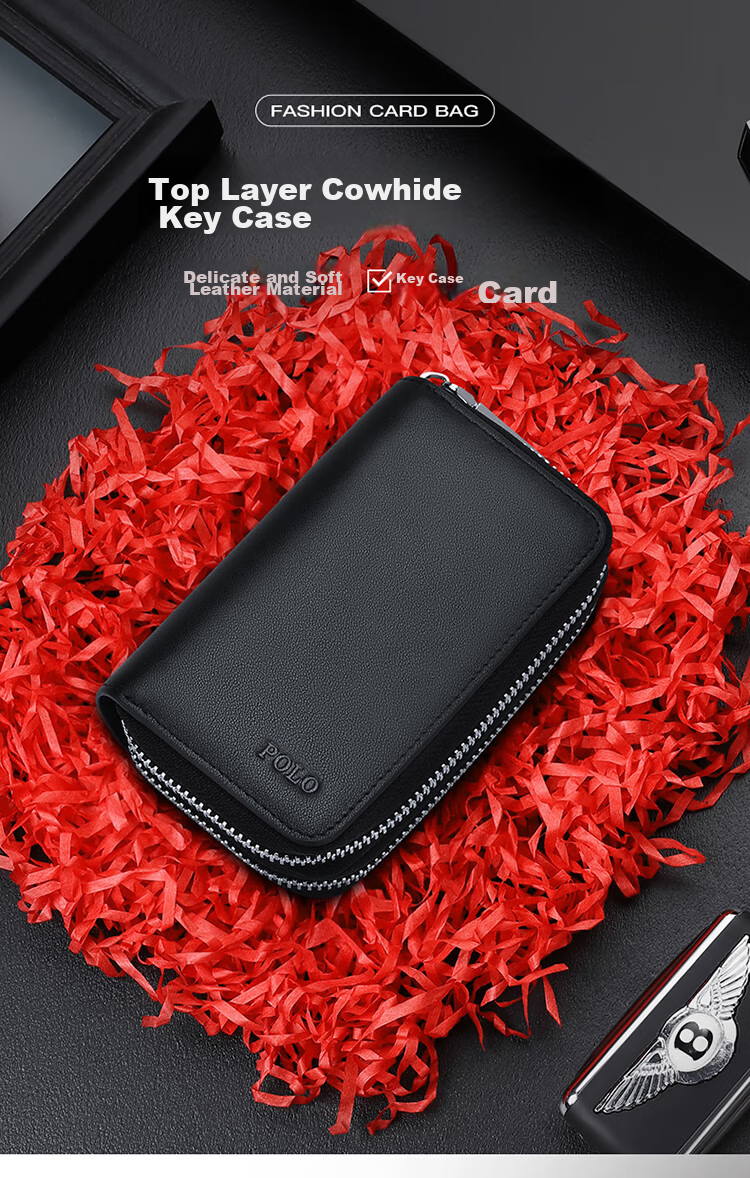 POLO Leather Key Case for Men, Top-Grain Cowhide Card Holder, Multifunctional Storage Pouch, Scratch-Resistant Key Ring, Birthday Gift for Boyfriend 1