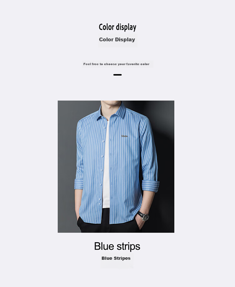 Aidengbao Edenbo Men's Long-Sleeve Shirt, Turn-Down Collar, Striped, Wrinkle-Free, Business Formal Wear, Blue Upgraded Version, Size 44 2