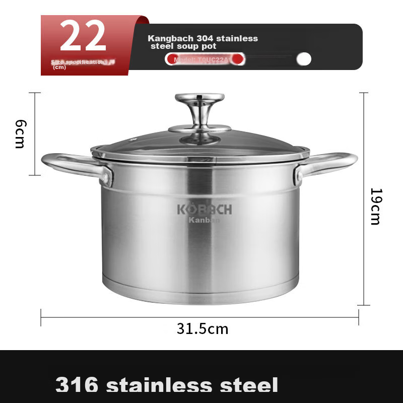 KOBACH 304 Stainless Steel Soup Pot, Double-Handled Stew Pot with Visible Lid, 22cm, Compatible with Induction And Gas Stoves, TOUC22A1