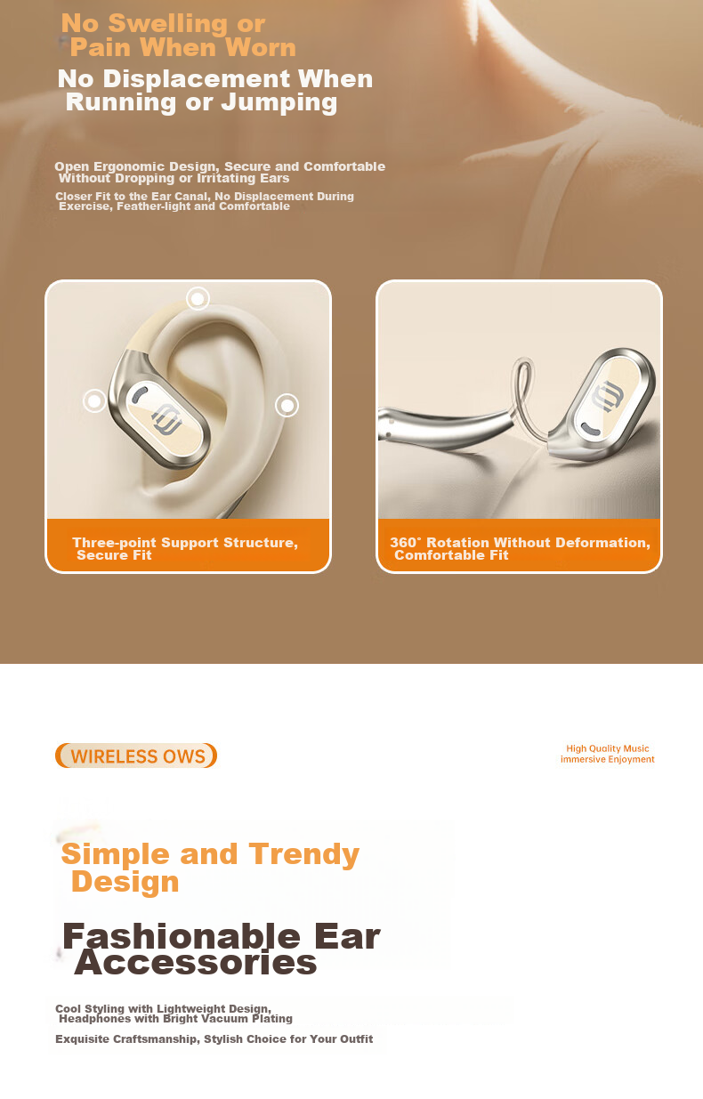Jingji Bluetooth Earphones, Over-Ear Style, Stylish Wireless Sweat-Resistant Sports Headphones, Long Battery Life, Open-Back HIFI Sound Quality, Compatible with Apple, Huawei, And Android Devices 4
