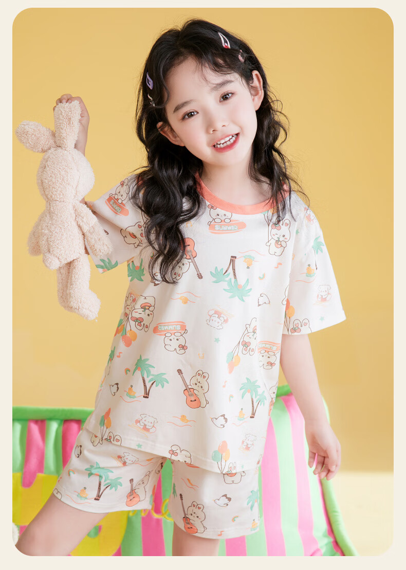 Fenteng Kids Pajamas Girls 100% Cotton Summer Round Neck Loose Cartoon Short Sleeve Shorts Homewear 22