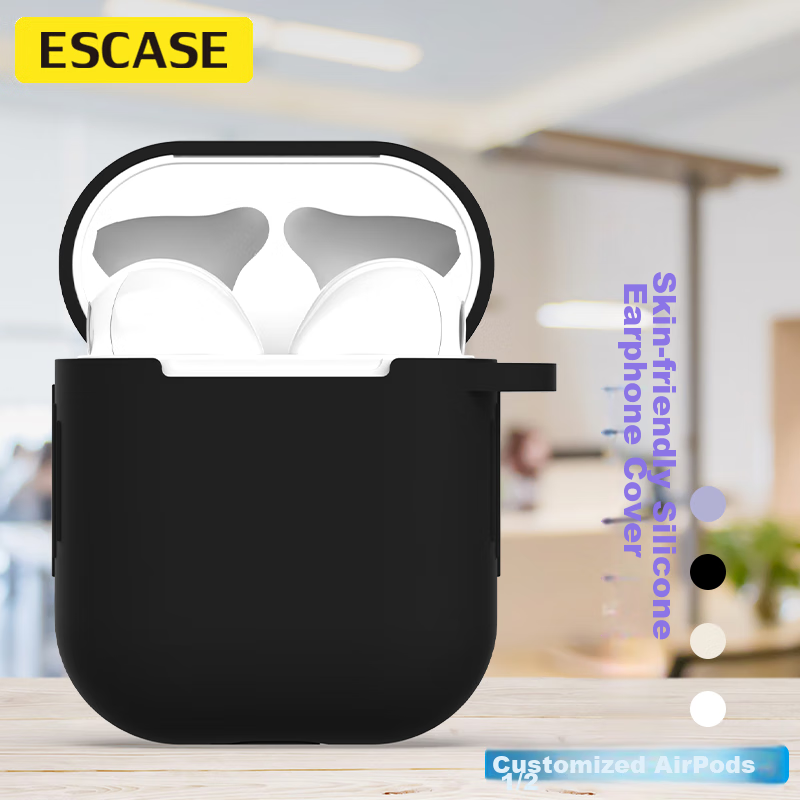 ESCASE AirPods Case for First And Second Generation, Apple Wireless Bluetooth Earphone Case, Silicone Ultra-Thin Frosted Anti-Slip Shockproof Cover with Hook Storage Box, Black
