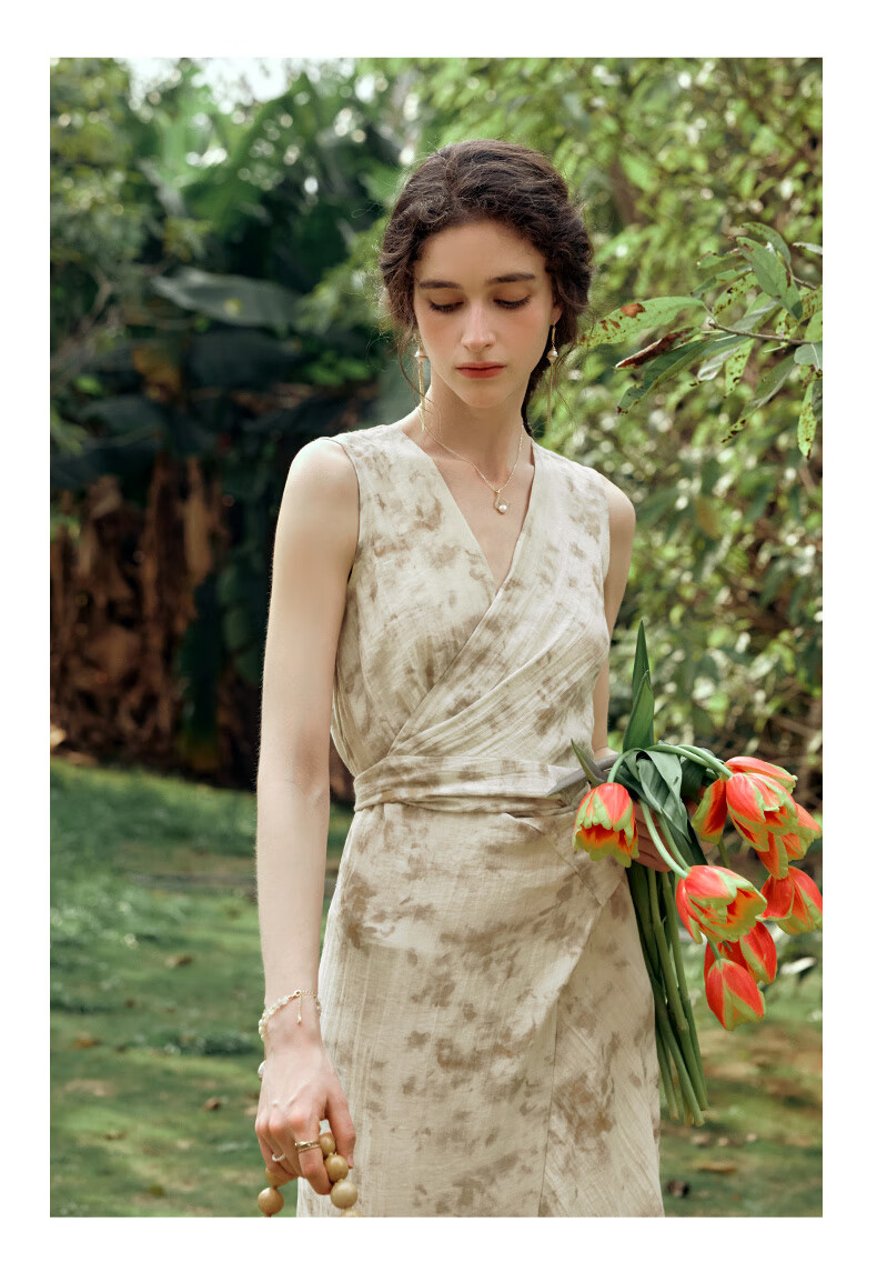 Olrain French Style Apricot Dress Women Summer Waist Slim Floral Mid-Length Dress Apricot L 15