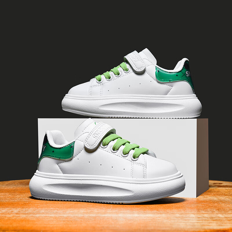 SNOOPY Children's Shoes, Kids' Sneakers, Versatile Low-Top Skateboard Shoes for Boys And Girls, Student White Shoes, 0222 Green, Size 37