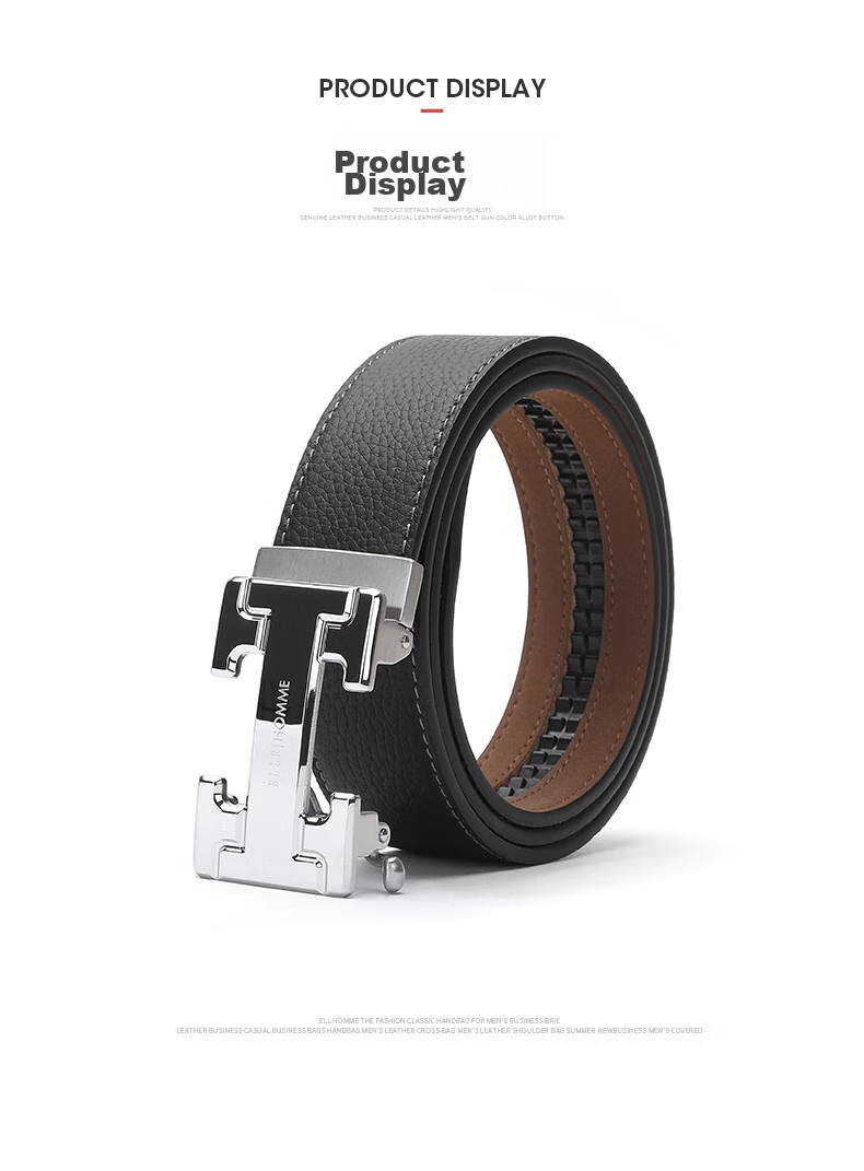 ELLE HOMME Men's Top-Grain Leather Belt, Luxury 304 Stainless Steel Buckle Automatic Waist Belt Trouser Belt, Birthday Gift for Me 7