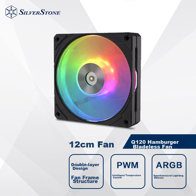 Silverstone 120mm Q120 Hamburger Fan, Black Reverse Blade Fan, Double-Layer Structure Top And Bottom, Air Outlet, PWM, ARGB, Enlarged Blade Frame