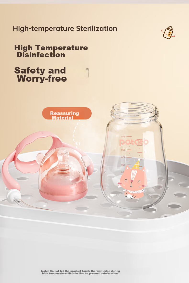 Potato Straw Bottle for Infants, Wide Mouth Glass Bottle with Handle And Gravity Ball, Suitable for 4 Months And Above, 240ml, Peach Pink 12