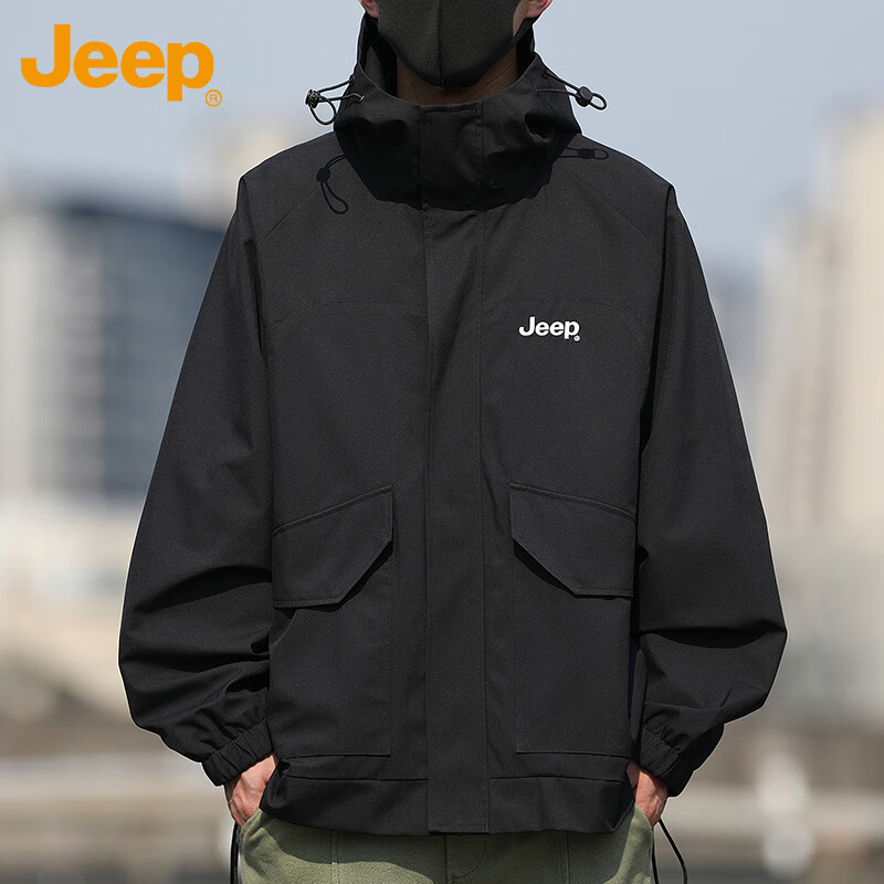 JEEP Men's Jacket, Spring And Autumn Outerwear, Loose Casual Workwear, Windbreaker for Men And Women, Couples' Clothing, Black, Size S